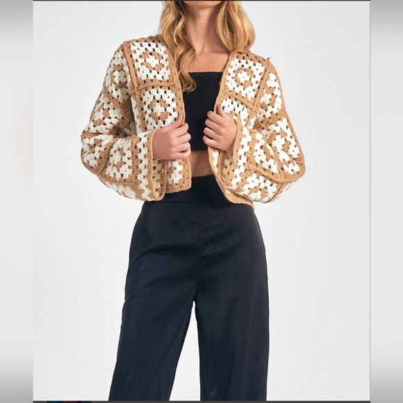 Elan Sweaters - Elan Crochet Cardigan - Cream and Tan